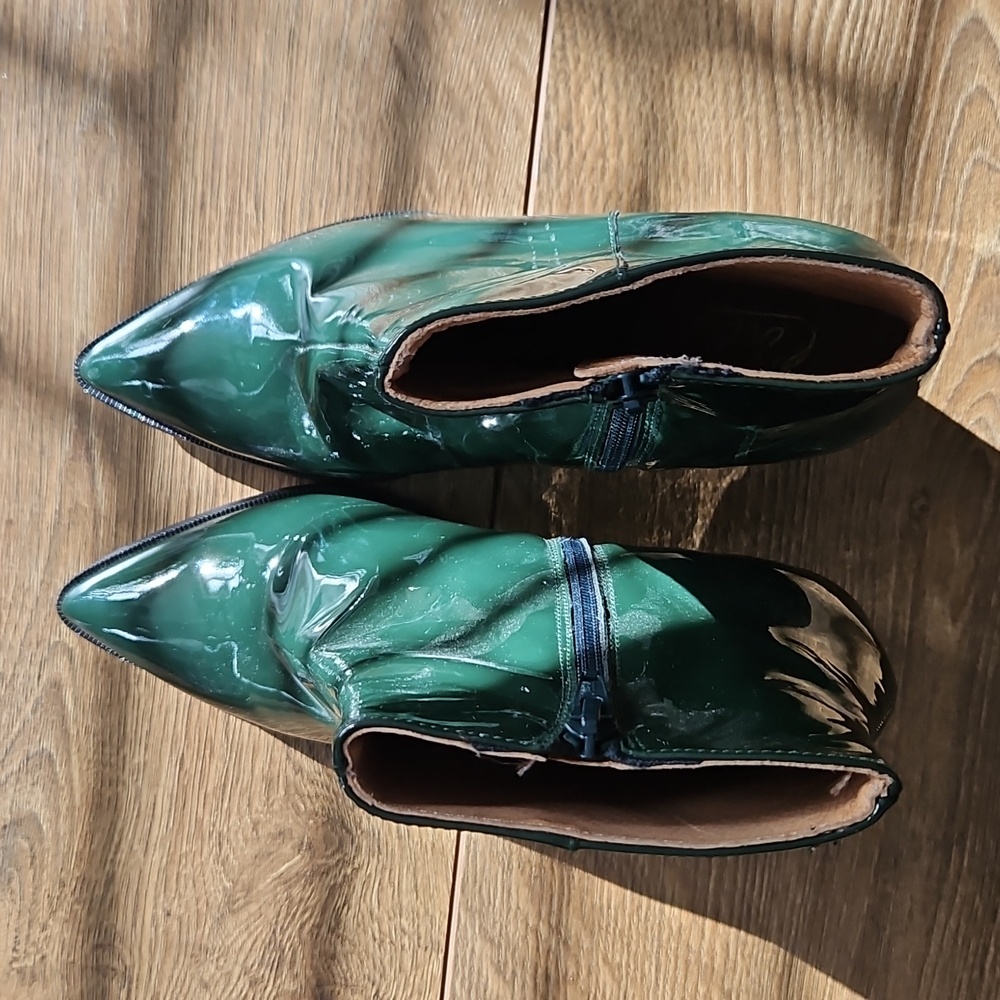 Green Patent Leather Ankle Boots Size 38 Block Heel Made In Spain - Picture 4 of 7
